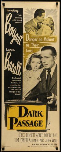 9w060 DARK PASSAGE insert R56 great close up of Humphrey Bogart with gun & sexy Lauren Bacall!