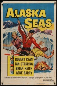 9y026 ALASKA SEAS 1sh '54 cool art of Robert Ryan attacking man with harpoon!