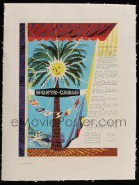 9z022 MONTE-CARLO linen French magazine ad '54 Aljanvic art of sun shining over the city in Monaco!
