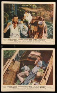 1a218 AFRICAN QUEEN 2 color English FOH LCs '53 images of Humphrey Bogart & Katharine Hepburn!
