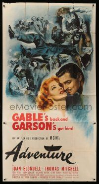 1b450 ADVENTURE style B 3sh '45 art of Clark Gable & pretty Greer Garson + cool montage, rare!