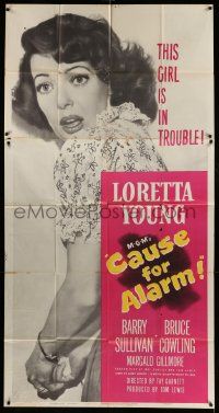 1b514 CAUSE FOR ALARM 3sh '50 great huge close up image Loretta Young, and she is in trouble!