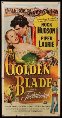 1b605 GOLDEN BLADE 3sh '53 Rock Hudson, sexy Piper Laurie's kiss was the prize of victory!