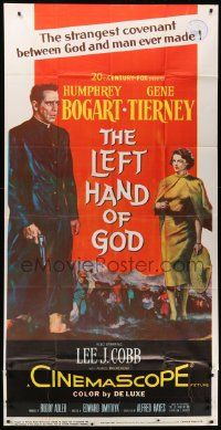 1b705 LEFT HAND OF GOD 3sh '55 artwork of priest Humphrey Bogart holding gun + Gene Tierney!