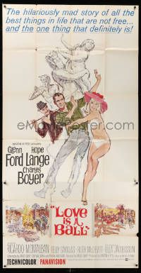 1b719 LOVE IS A BALL 3sh '63 full-length art of Glenn Ford & Hope Lange in sexy bikini!