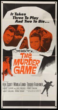 1b759 MURDER GAME 3sh '65 it takes three to play and two to die, cool art of cast in giant skull!