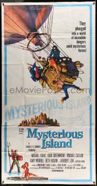 1b763 MYSTERIOUS ISLAND 3sh '61 Ray Harryhausen, Jules Verne sci-fi, cool hot-air balloon art!