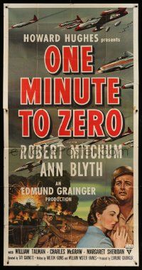 1b781 ONE MINUTE TO ZERO 3sh '52 art of Robert Mitchum, Ann Blyth & fighter jets, Howard Hughes
