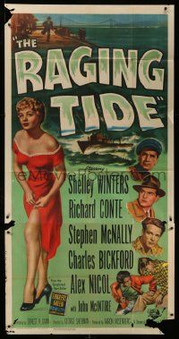 1b822 RAGING TIDE 3sh '51 full-length art of sexy bad girl Shelley Winters & ship in ocean!