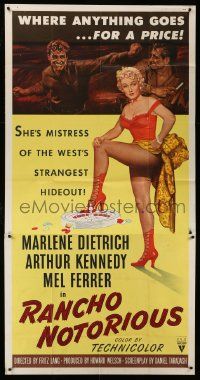 1b824 RANCHO NOTORIOUS 3sh '52 Fritz Lang, art of sexy Marlene Dietrich & roulette wheel!