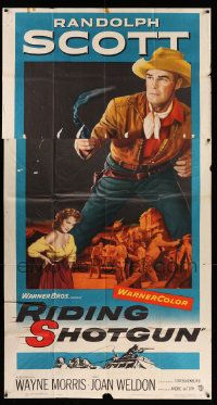 1b834 RIDING SHOTGUN 3sh '54 great artwork of cowboy Randolph Scott with smoking gun!