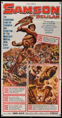 1b845 SAMSON & DELILAH 3sh R59 different art of Victor Mature, Cecil B. DeMille Biblical classic!