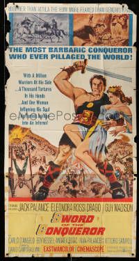 1b909 SWORD OF THE CONQUEROR 3sh '62 great art of Jack Palance as barbarian holding sexy girl!