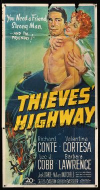 1b923 THIEVES' HIGHWAY 3sh '49 art of trucker Richard Conte & Valentina Cortese, Jules Dassin
