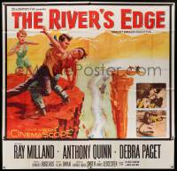 1b101 RIVER'S EDGE 6sh '57 art of Ray Milland & Anthony Quinn fighting on cliff, Debra Paget