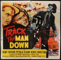 1b108 TRACK THE MAN DOWN 6sh '55 cool art of detective Kent Taylor tracing footsteps, Petula Clark