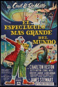 1b339 GREATEST SHOW ON EARTH Argentinean R60s art of clown James Stewart over circus montage!