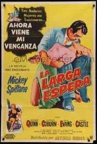1b364 LONG WAIT Argentinean '54 Mickey Spillane, art of Anthony Quinn & sexy girl with gun!