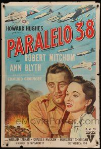 1b376 ONE MINUTE TO ZERO Argentinean '52 art of Robert Mitchum & Ann Blyth w/ jets overhead!