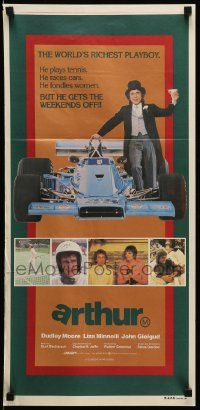 1c746 ARTHUR Aust daybill '81 different image of drunk Dudley Moore & Formula 1 race car!