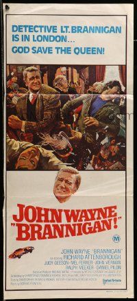 1c763 BRANNIGAN Aust daybill '75 great Robert McGinnis art of fighting John Wayne in England!