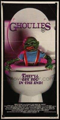 1c833 GHOULIES Aust daybill '85 wacky horror image of goblin in toilet, they'll get you in the end