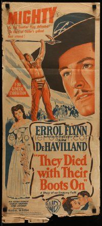 1c965 THEY DIED WITH THEIR BOOTS ON Aust daybill R50s art of Errol Flynn & Olivia De Havilland!