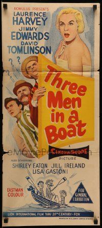 1c970 THREE MEN IN A BOAT Aust daybill '56 Laurence Harvey, wacky art of cast on gondola!