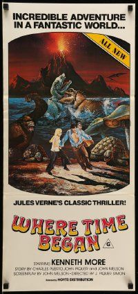 1c992 WHERE TIME BEGAN Aust daybill '76 Jules Verne, Campanil art of stars & gigantic dinosaurs!