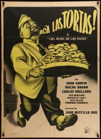 1c298 ACA LAS TORTAS Mexican poster '51 Ernesto Garcia Cabral art of man holding bakery goods!