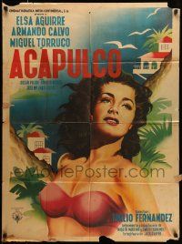 1c299 ACAPULCO Mexican poster '52 art of sexiest barely-dressed Elsa Aguirre by Mendoza!