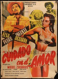 1c306 CUIDADO CON EL AMOR Mexican poster '54 artwork of sexy Elsa Aguirre wearing only underwear!