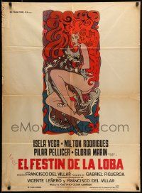 1c313 EL FESTIN DE LA LOBA Mexican poster '72 great wild artwork of naked feral woman & wolf!
