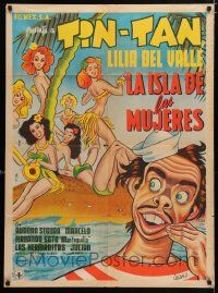 1c323 LA ISLA DE LAS MUJERES Mexican poster '53 art of Tin-Tan on island with sexy babes by Urzaiz!