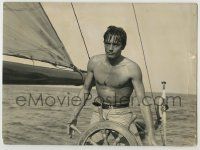 1d326 PURPLE NOON deluxe 8.5x11.5 still '61 classic image of barechested Alain Delon at ship wheel!