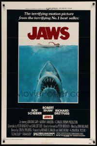 1g490 JAWS 1sh '75 artwork of Steven Spielberg's classic man-eating shark attacking sexy swimmer!