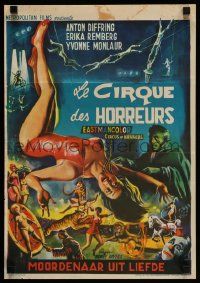1h028 CIRCUS OF HORRORS Belgian '60 outrageous horror art of sexy trapeze girl hanging by neck!