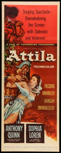 1h614 ATTILA insert '58 art of Anthony Quinn as The Hun grabbing sexy Sophia Loren!