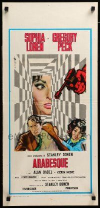 1h316 ARABESQUE Italian locandina R70s Gregory Peck, sexy Sophia Loren, different Cesselon art!