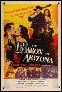 1j064 BARON OF ARIZONA 1sh '50 directed by Samuel Fuller, art of Vincent Price & top stars!