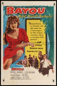 1j069 BAYOU 1sh '57 Louisiana Cajun sex, Peter Graves, Bold! Brutal! Barbaric!