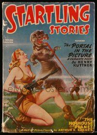1m601 STARTLING STORIES pulp magazine September 1949 Earle Bergey art of sexy blonde & dinosaur!