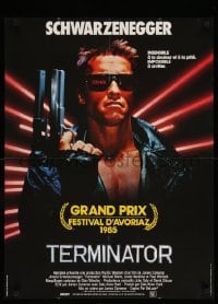 1p934 TERMINATOR French 24x32 '85 close up of classic cyborg Arnold Schwarzenegger with gun!