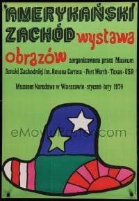 1p260 AMERYKANSKI ZACHOD exhibition Polish 26x38 '74 artwork of cool hat by Jan Mlodozeniec!