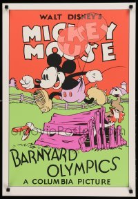 1r063 BARNYARD OLYMPICS 21x31 art print '70s-80s art of Mickey Mouse jumping over chicken coop!