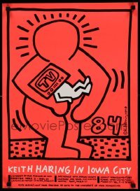 1r024 KEITH HARING IN IOWA CITY 18x24 museum/art exhibition '84 holding a child with TV set head!