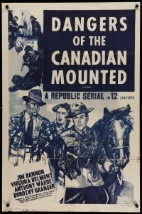 1t207 DANGERS OF THE CANADIAN MOUNTED 1sh R57 Republic serial, cool artwork of Mounties!
