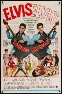 1t239 DOUBLE TROUBLE 1sh '67 cool mirror image of rockin' Elvis Presley playing guitar!