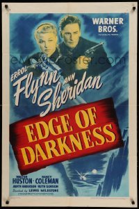 1t258 EDGE OF DARKNESS 1sh '42 great image of Errol Flynn & Ann Sheridan, both pointing guns!