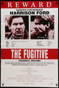 1t320 FUGITIVE recalled int'l 1sh '93 Harrison Ford is on the run, cool wanted poster design!